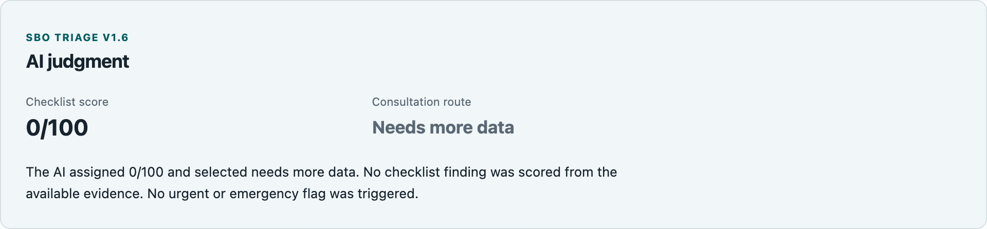 Illustrative assessment with checklist score zero and a Needs more data status, using fictional data.