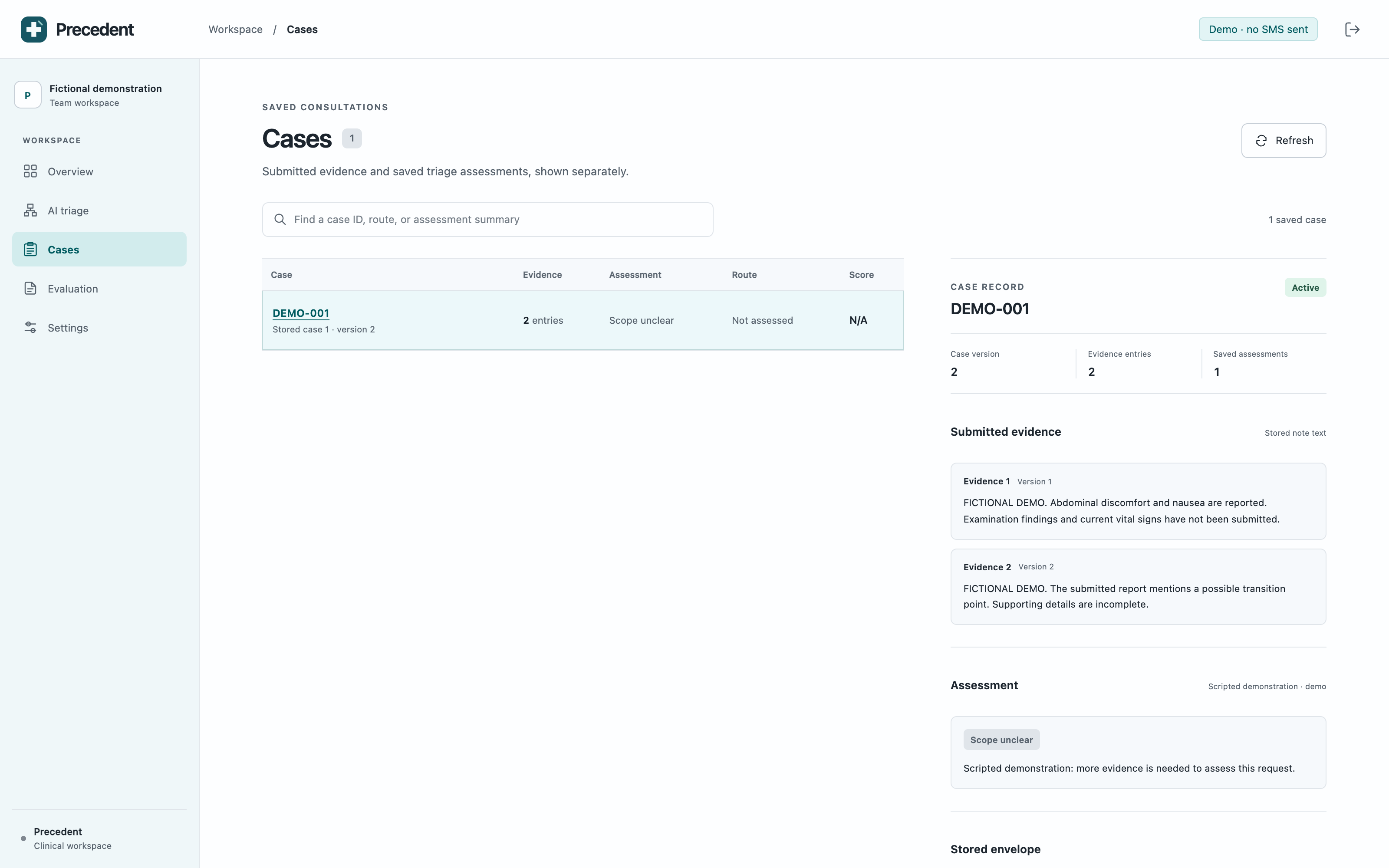 Precedent case review interface with fictional demonstration records.