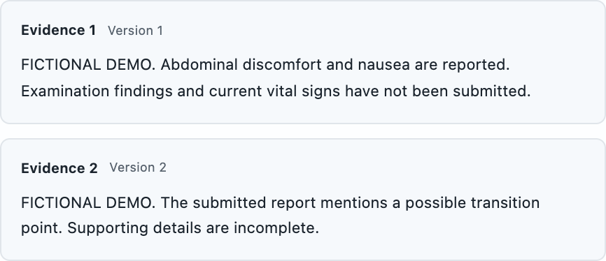 Two fictional evidence entries preserve a clinical note and a radiology report with missing information.