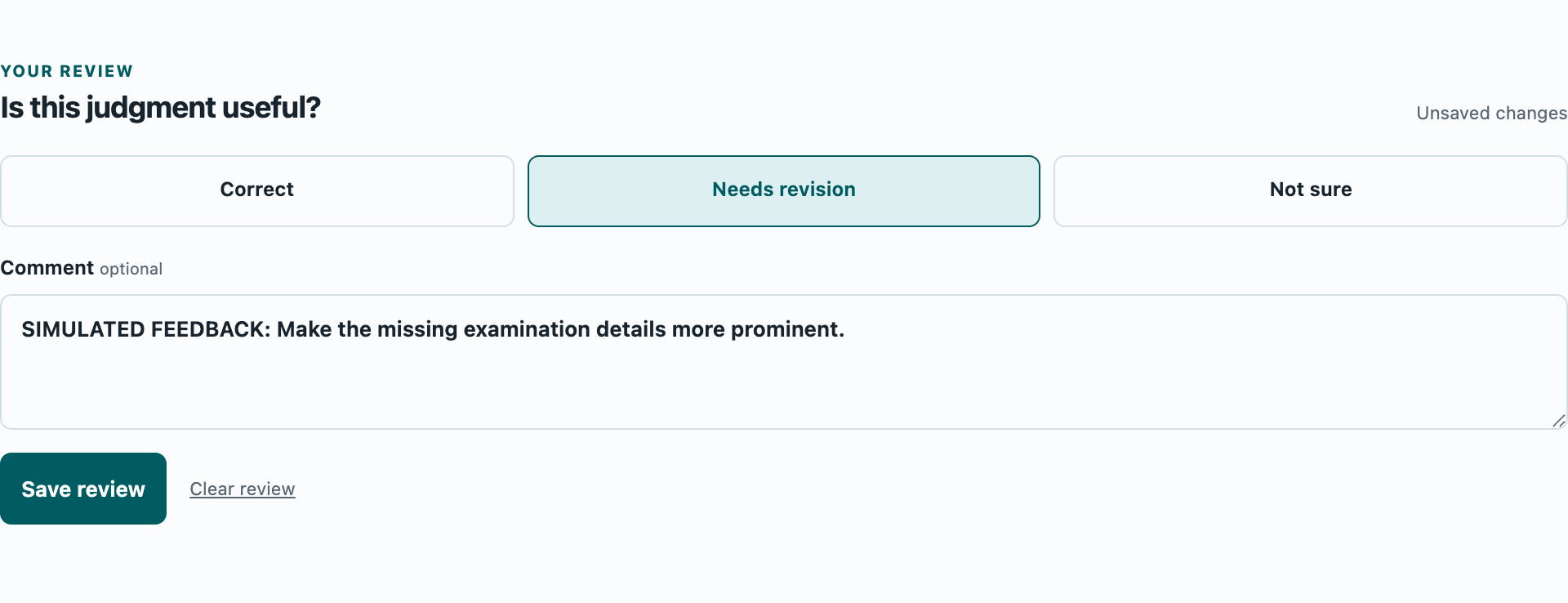 Precedent review controls with a simulated unsaved Needs revision decision and a comment about missing examination details.
