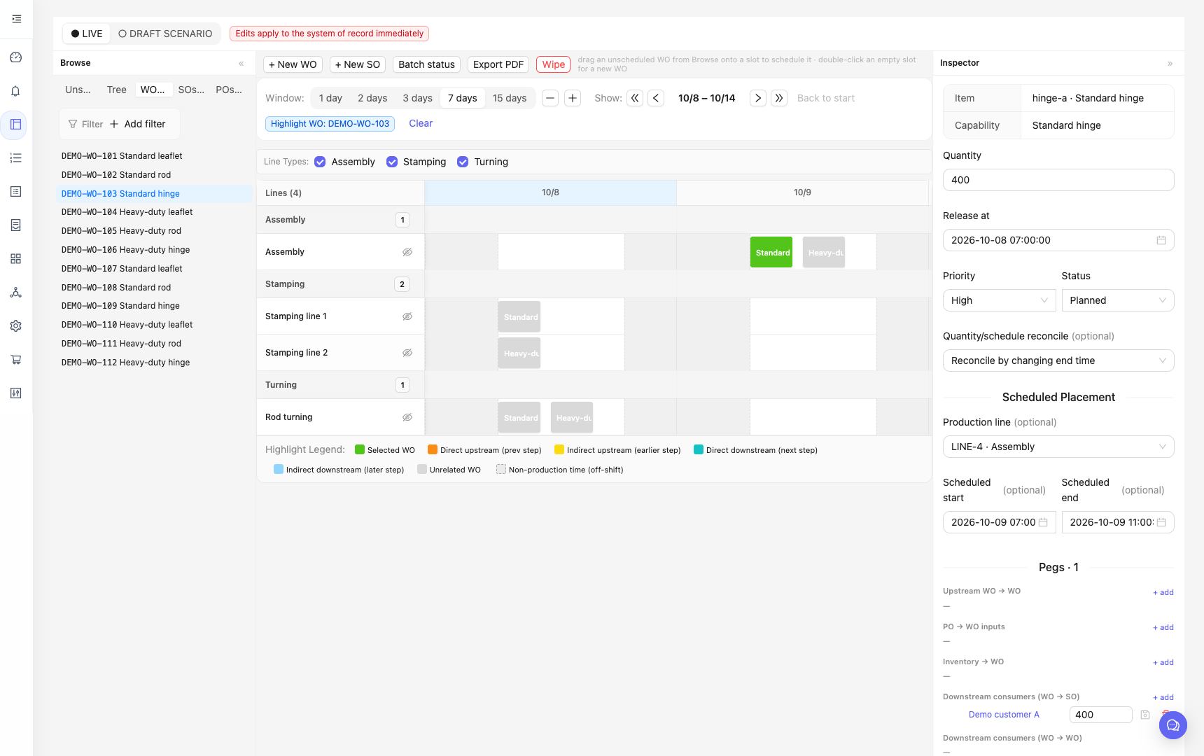 AI ERP planning workspace with synthetic work orders and an illustrative schedule.